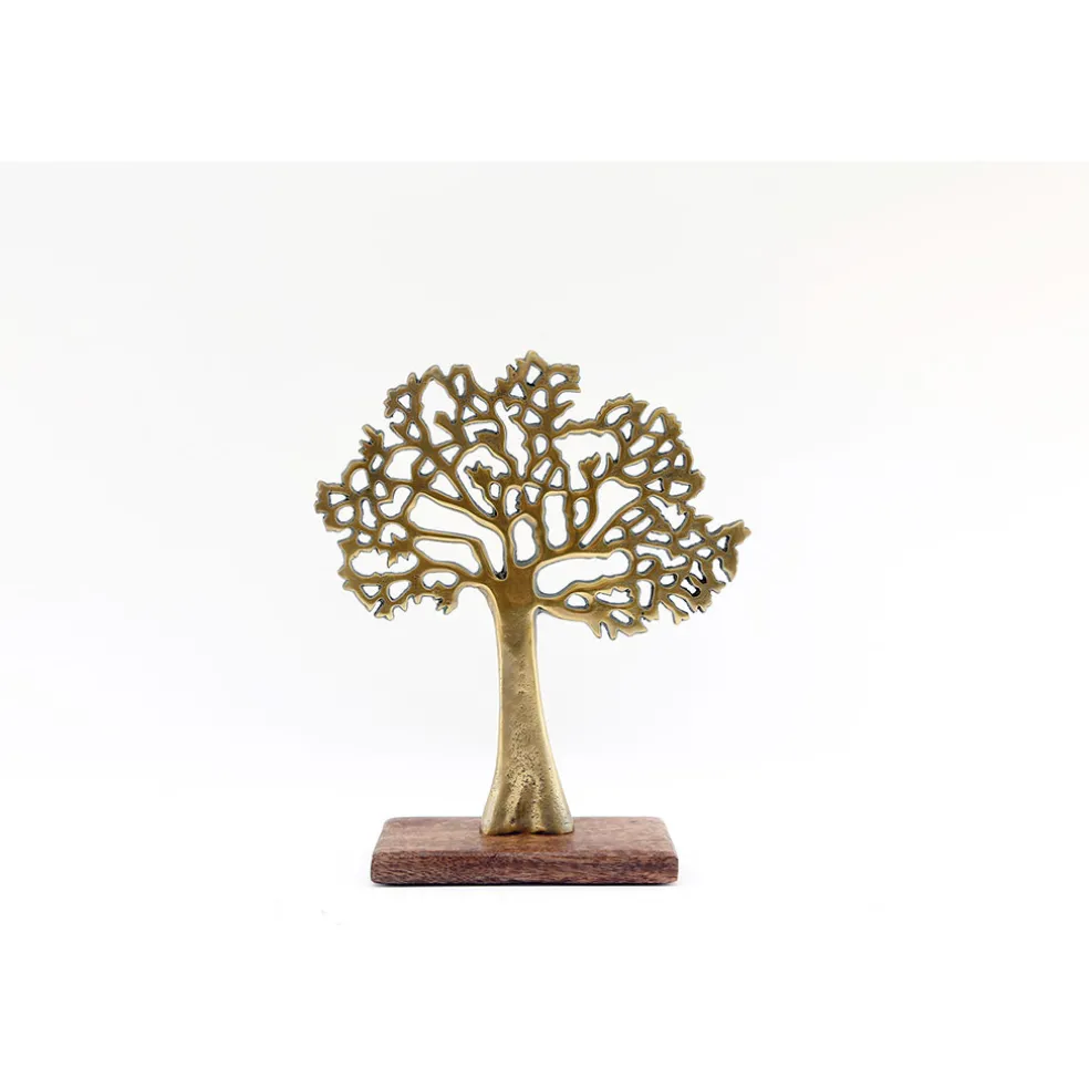 Arbre de vie doré sur socle en bois de manguier h26.5cm