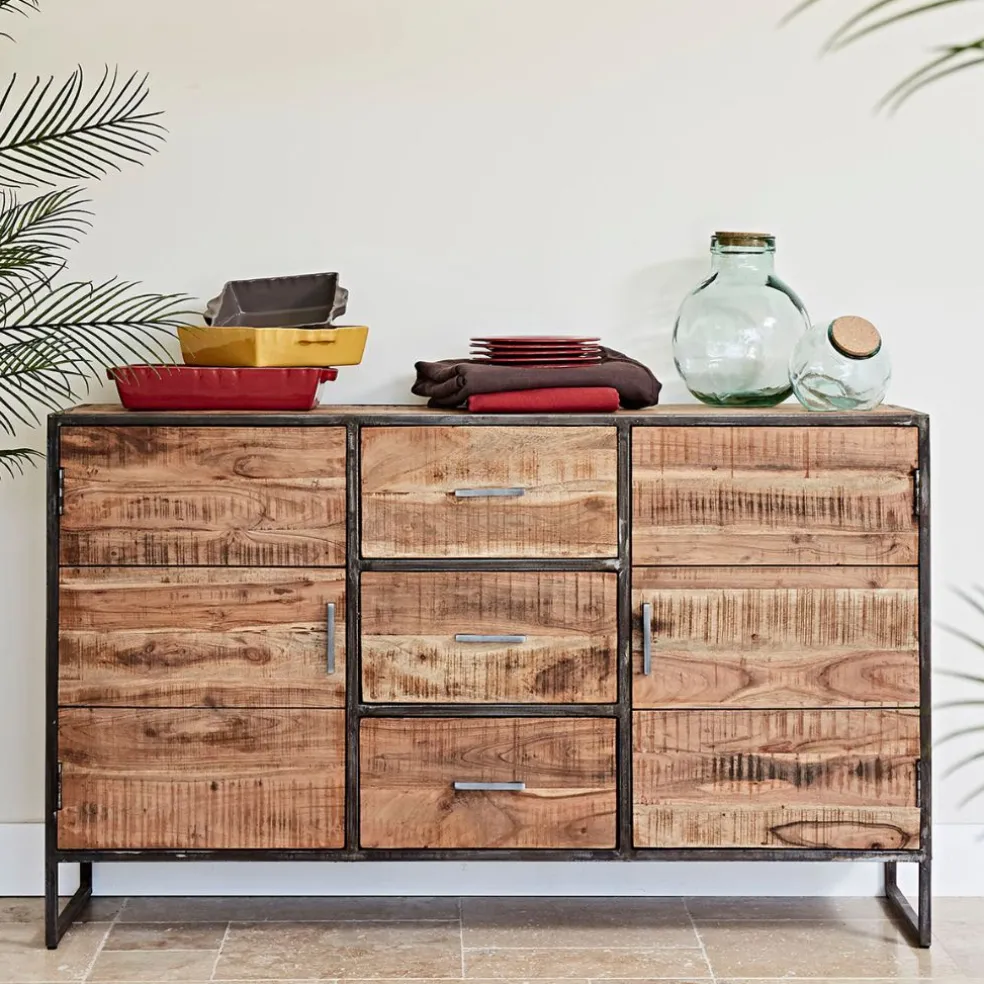 Bahut en acacia et fer noir l150cm - Factory