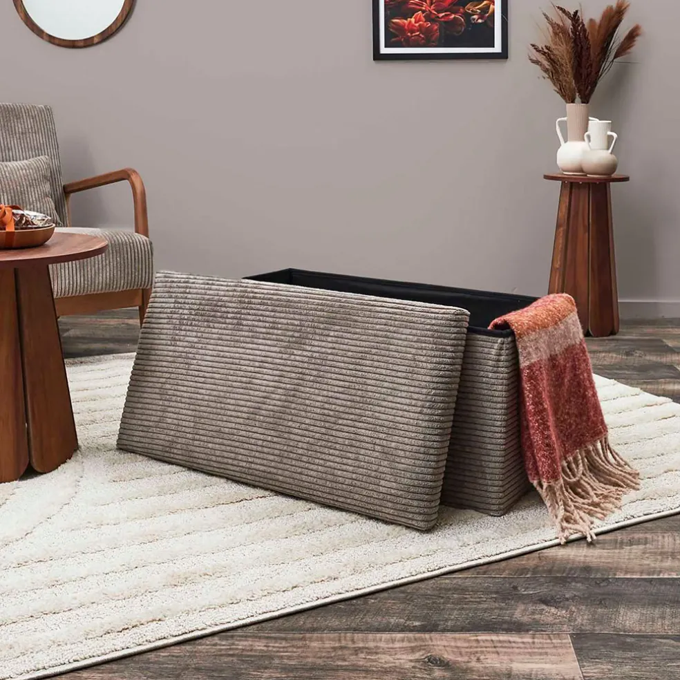 Banc coffre pliable en tissu côtelé taupe - Scarlett