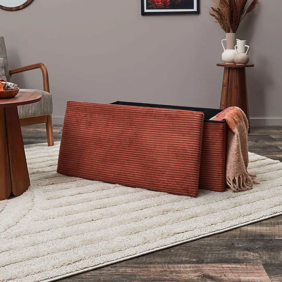 Banc coffre pliable en tissu côtelé terracotta - Scarlett