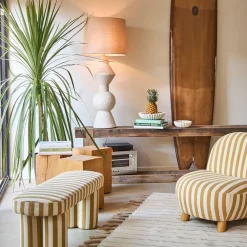 Banc rayé en coton camel et bois d'hévéa - Belly