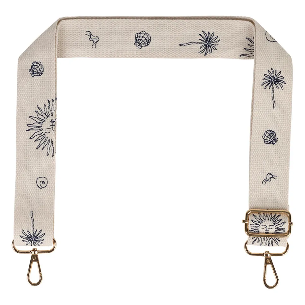 Bandoulière brodée réglable en coton écru et bleu