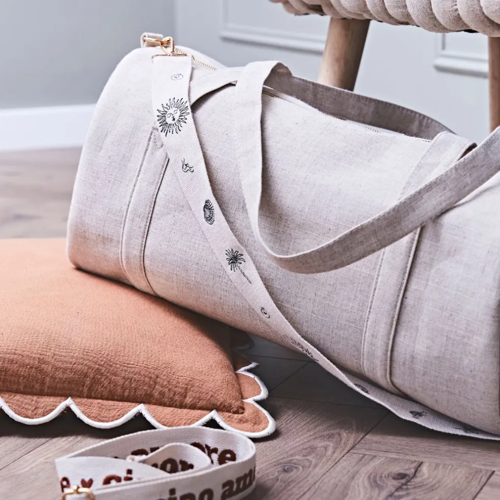 Bandoulière brodée réglable en coton écru et bleu