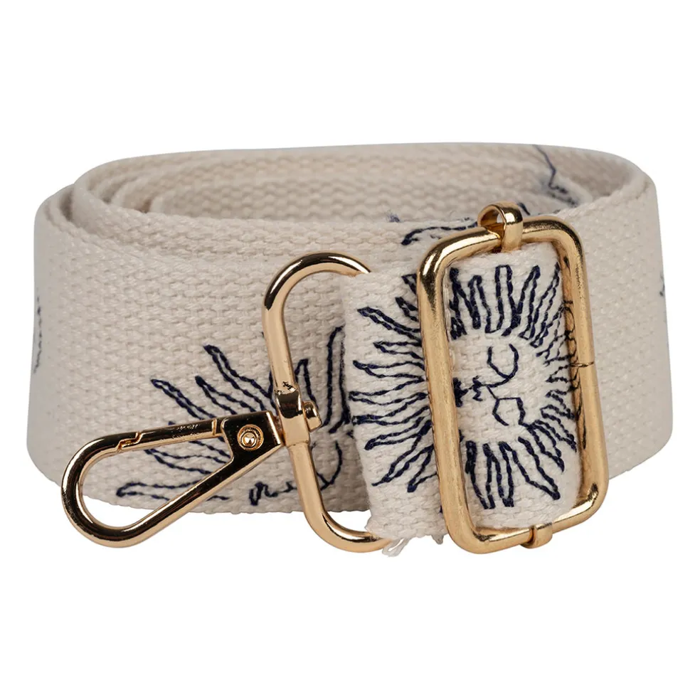 Bandoulière brodée réglable en coton écru et bleu