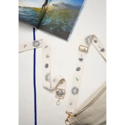 Bandoulière brodée réglable en coton écru et bleu