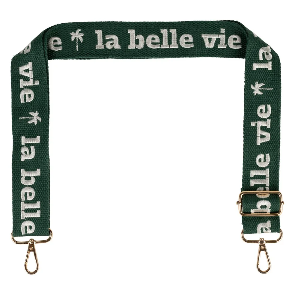 Bandoulière brodée réglable en coton émeraude et écru