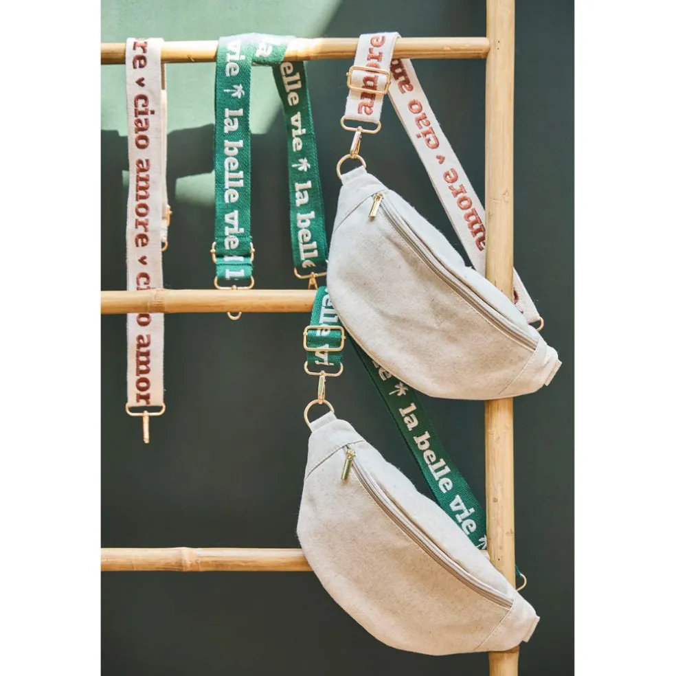 Bandoulière brodée réglable en coton émeraude et écru