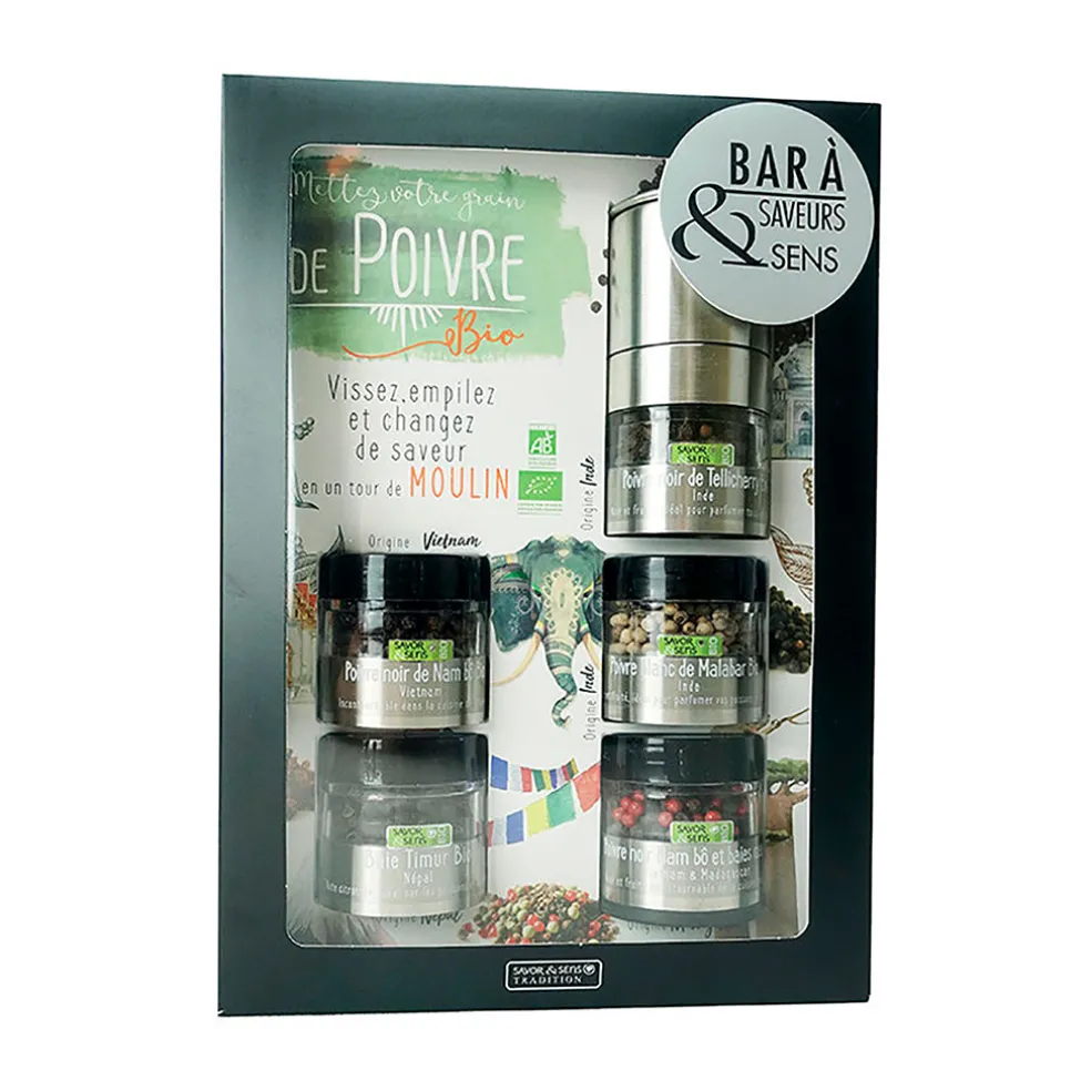 Bar à poivres bio avec moulin intégré - 5 poivres