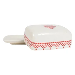 Beurrier en faïence blanc et rouge - damier