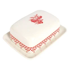 Beurrier en faïence blanc et rouge - damier