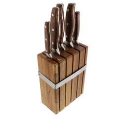 Bloc en acacia de 5 couteaux de cuisine inox avec manche en noyer