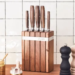Bloc en acacia de 5 couteaux de cuisine inox avec manche en noyer