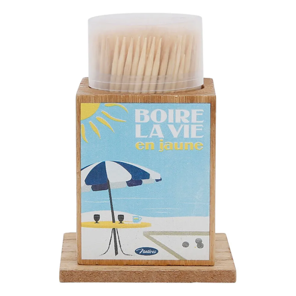 Boite pics apéro en pin et panneau de bois bleu et jaune - Pastis
