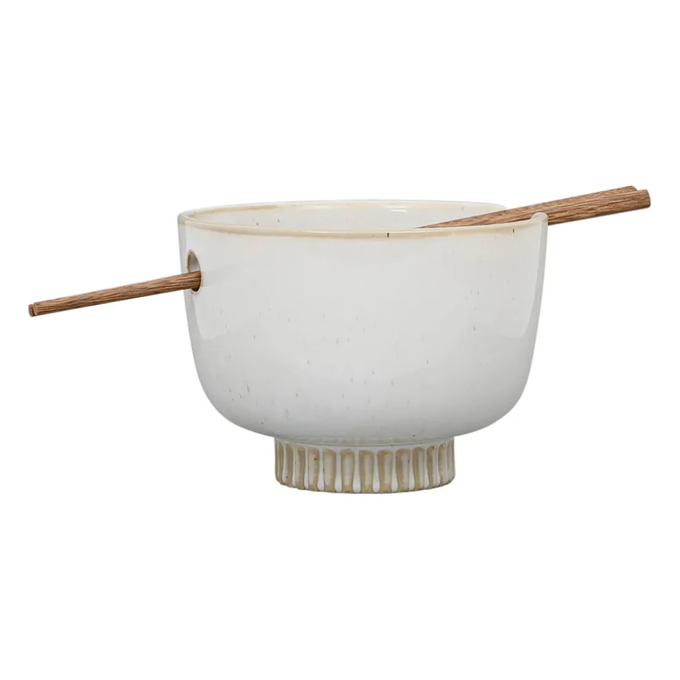 Bol en grès blanc et baguettes d14cm - Organic