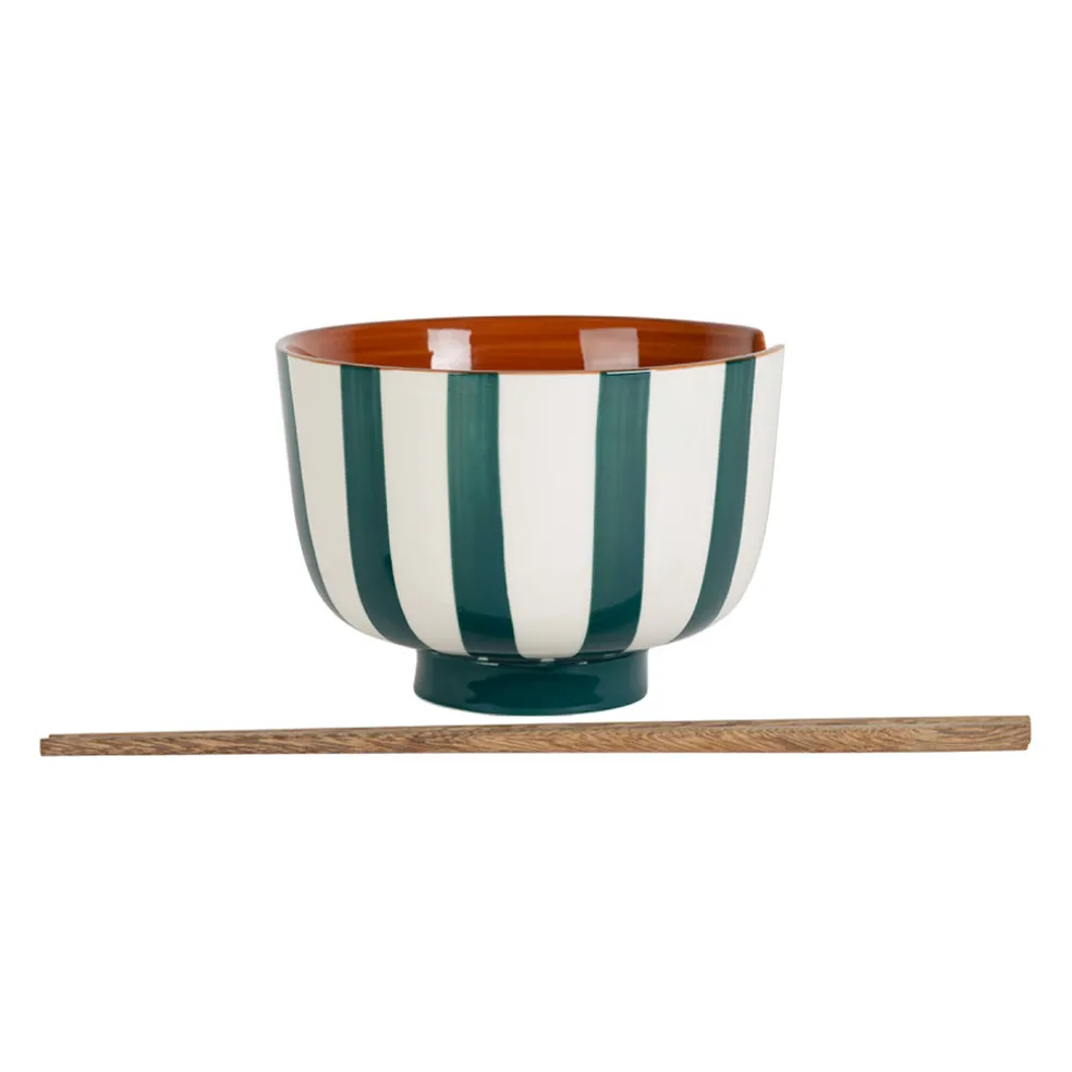 Bol en grès rayé émeraude et blanc avec baguettes d14cm - Alaria