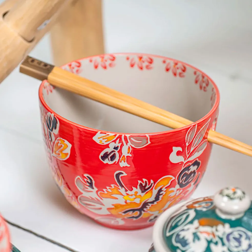 Bol en grès rouge d13cm et baguettes - Ava