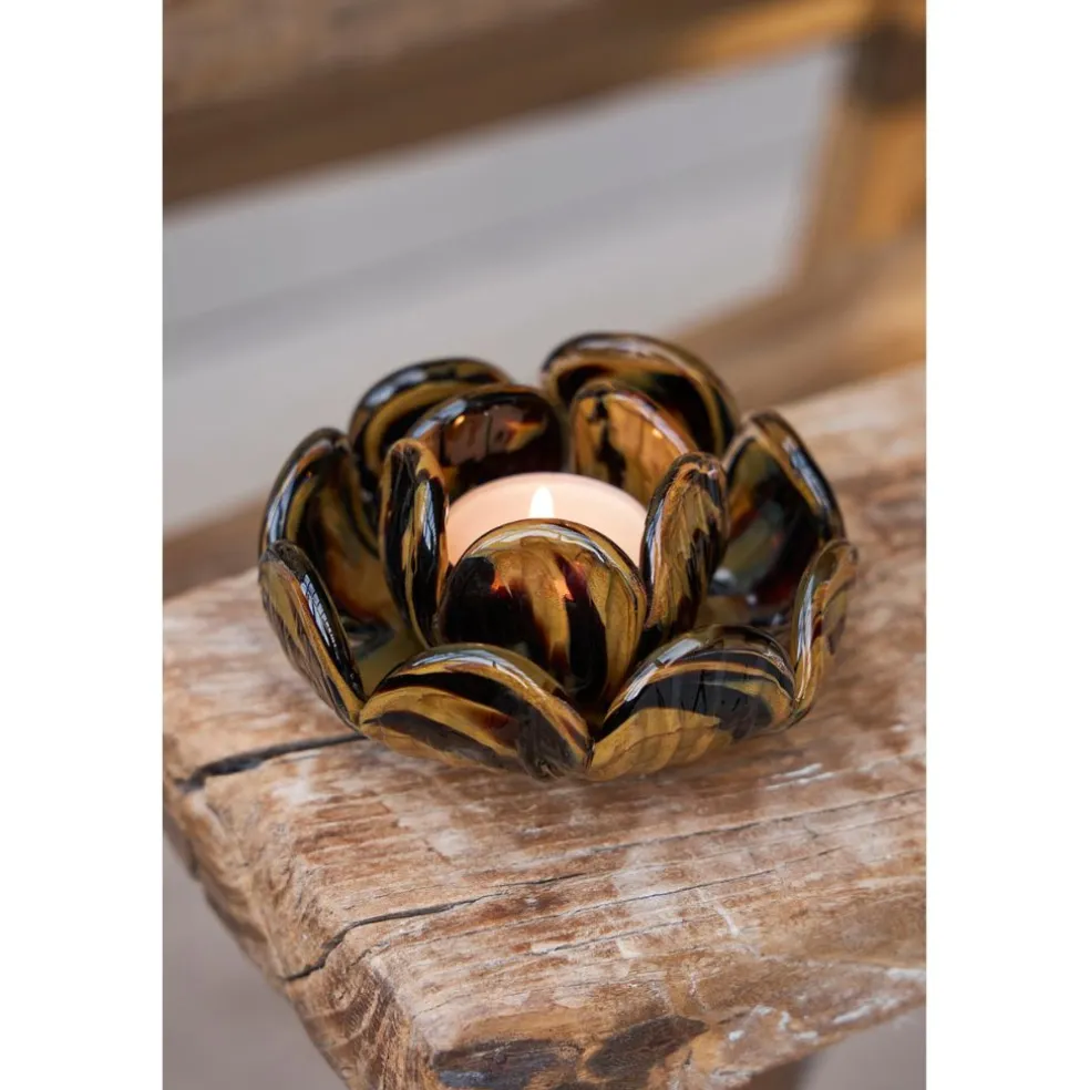 Bougeoir en verre noir et camel h6cm - Camélia