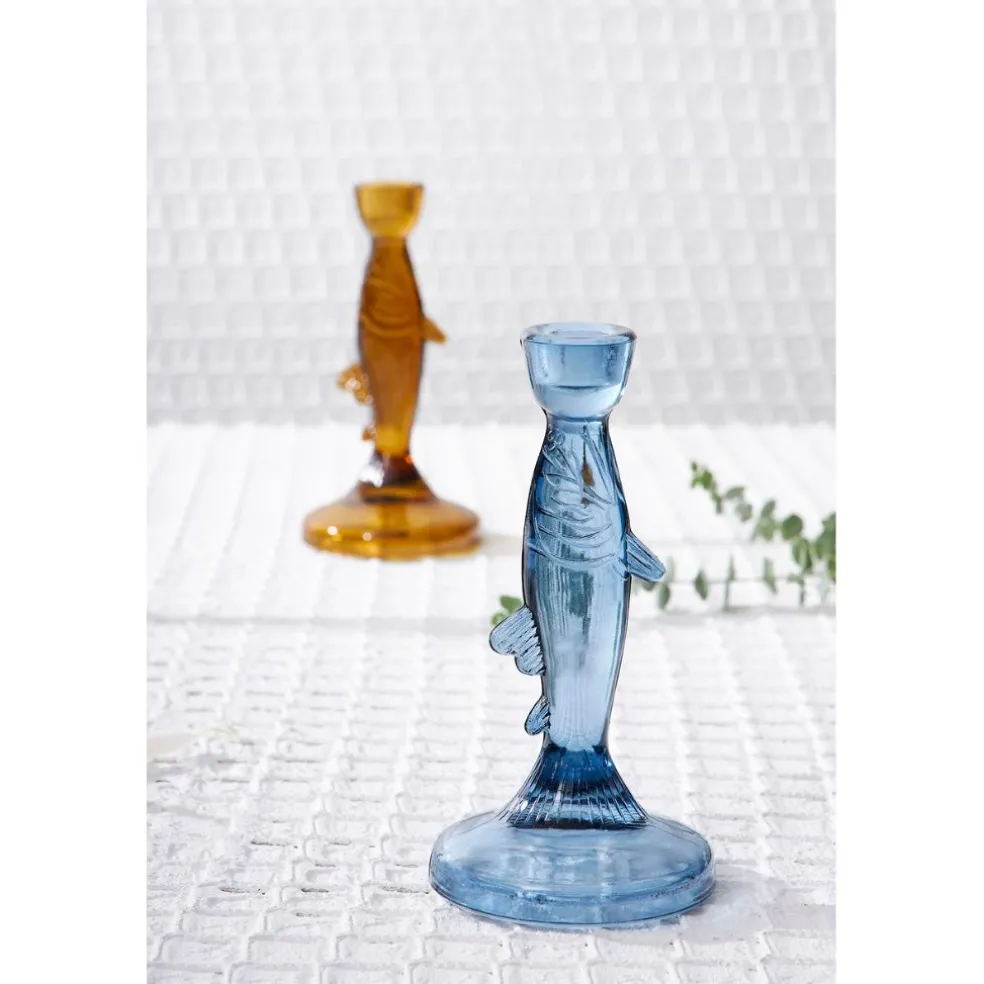 Bougeoir poisson en verre bleu h20cm - Oanez