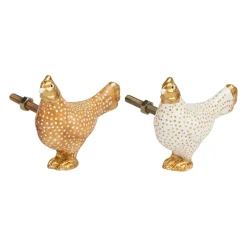 Boutons de porte poules x2 blanc et doré - Campagne