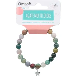Bracelet agate multicolore perles rondes 8mm et étoile