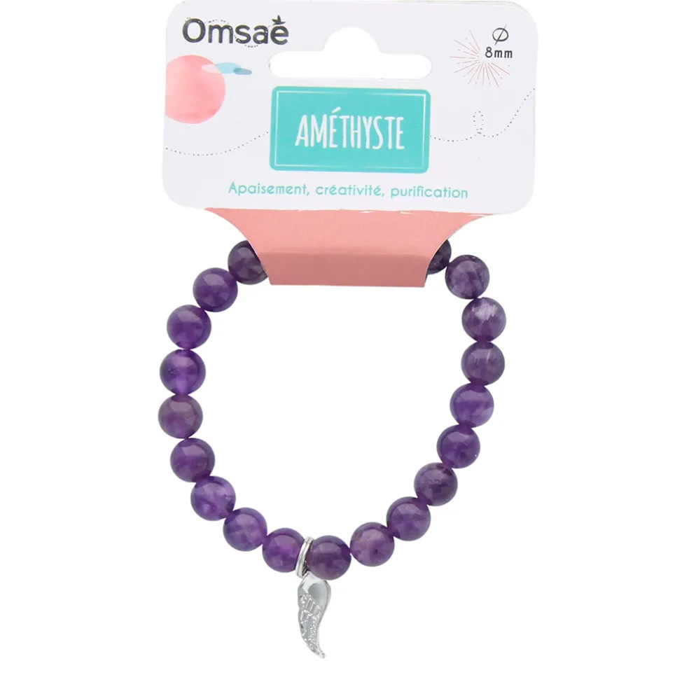 Bracelet améthyste perles rondes 8mm et aile d'ange