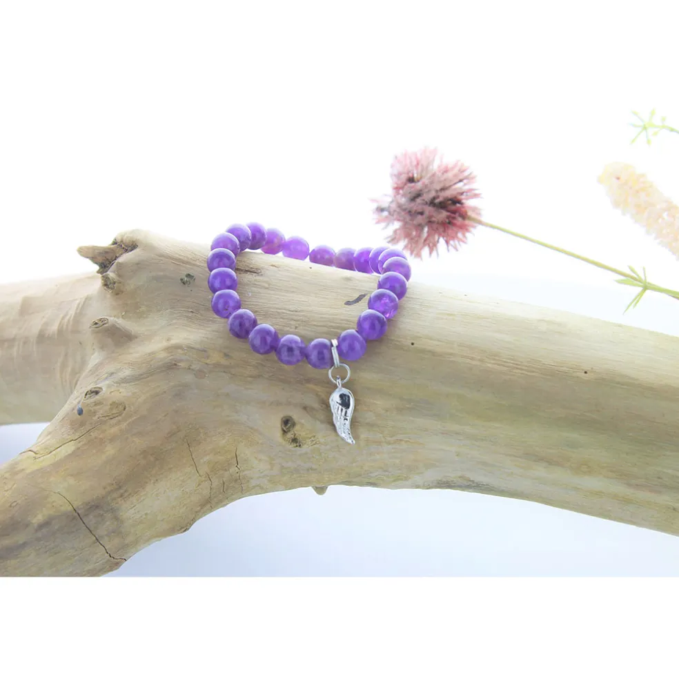 Bracelet améthyste perles rondes 8mm et aile d'ange
