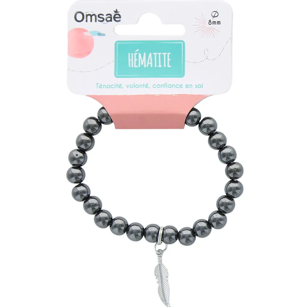 Bracelet hématite perles rondes 8mm et plume