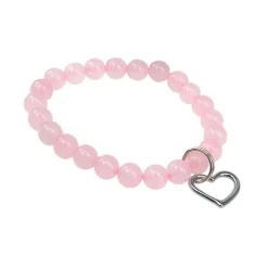 Bracelet quartz rose perles rondes 8mm et cœur