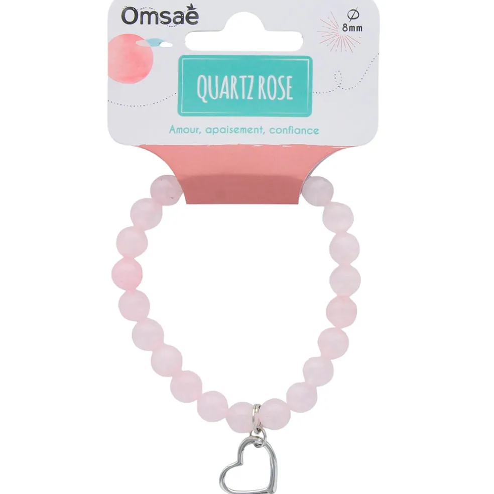 Bracelet quartz rose perles rondes 8mm et cœur