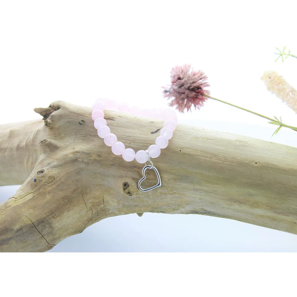 Bracelet quartz rose perles rondes 8mm et cœur