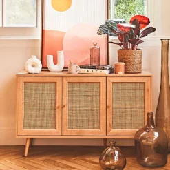 Buffet en bois et cannage 3 portes L115cm - Baia