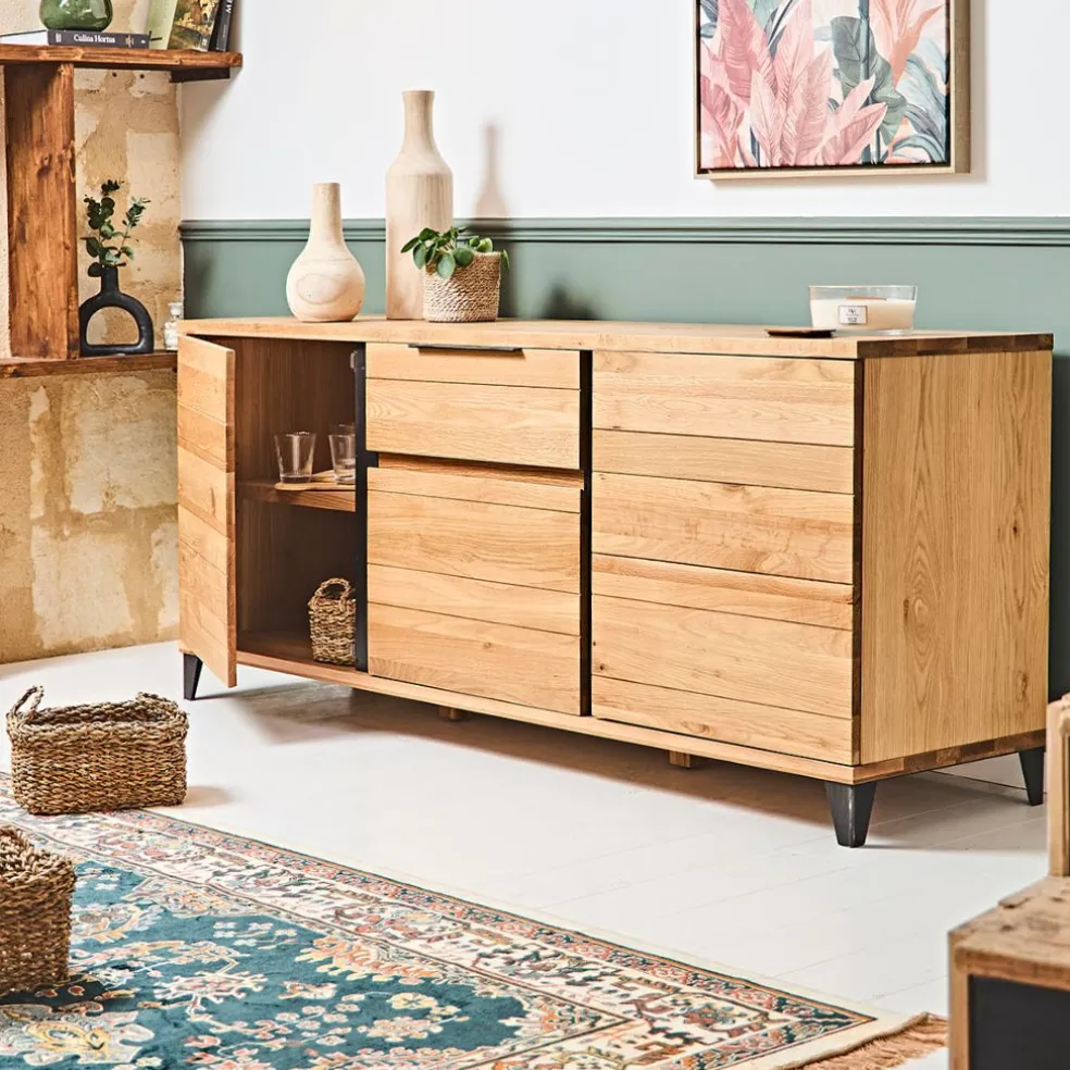 Buffet enfilade chêne massif 3 portes et tiroir - Manny