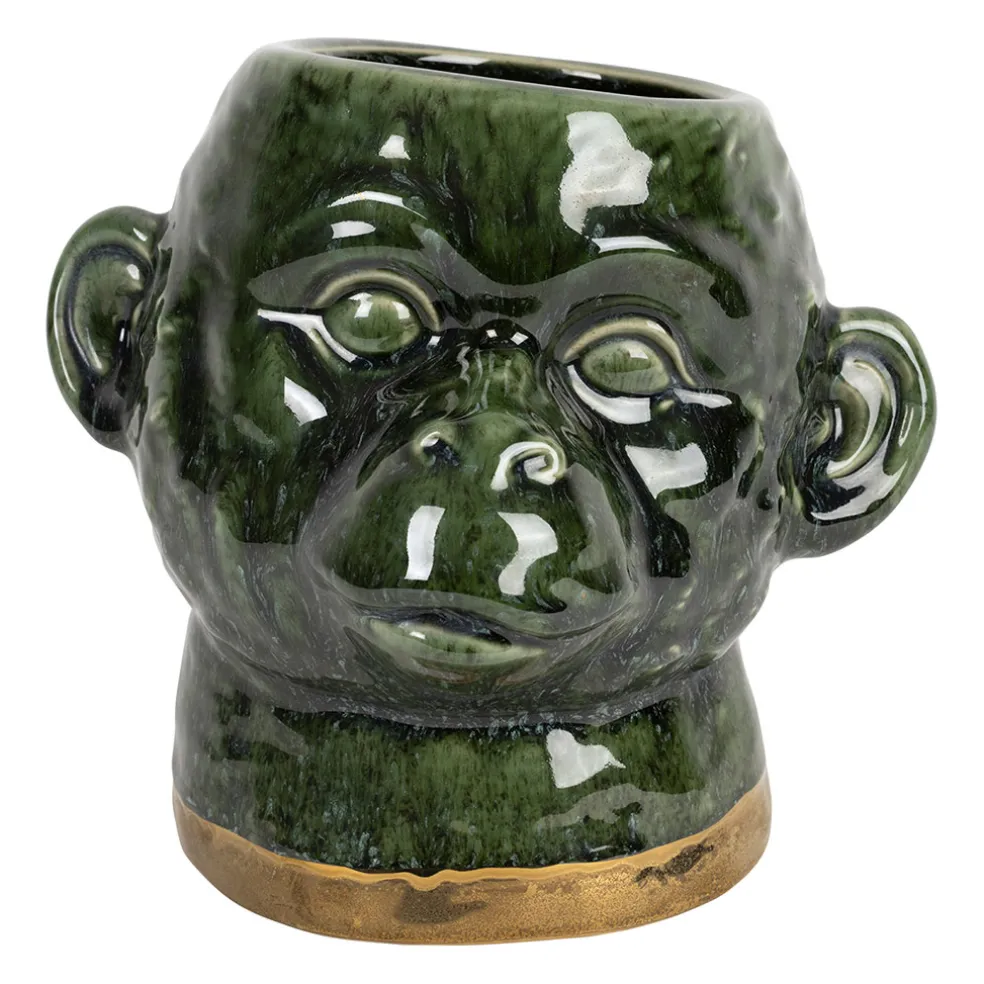 Cache pot singe en grès kaki et doré - Sanaga