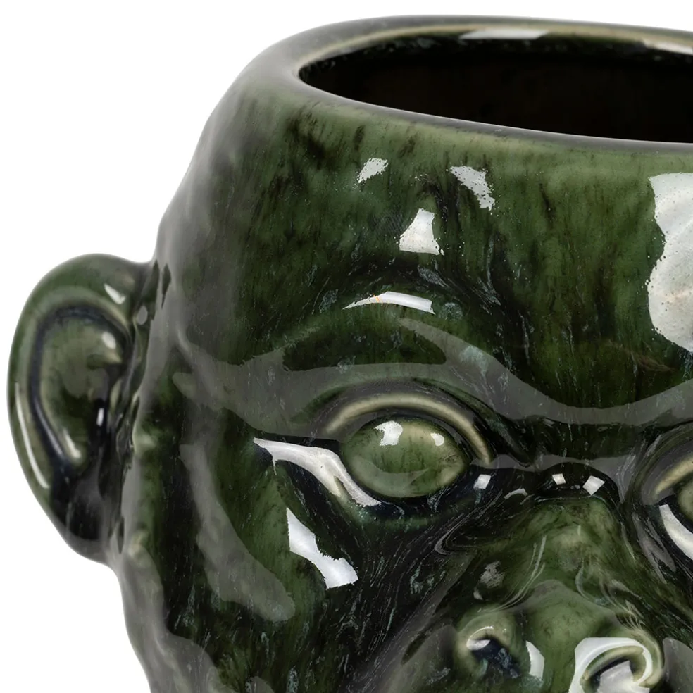 Cache pot singe en grès kaki et doré - Sanaga