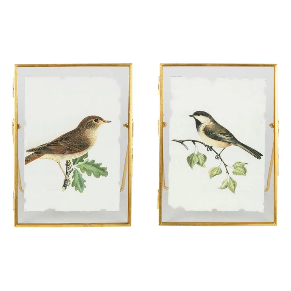 Cadre déco (x2) en verre et coton oiseau 14x18cm