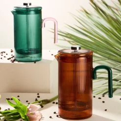 Cafetière à piston striée en verre borosilicate émeraude et rose 1L