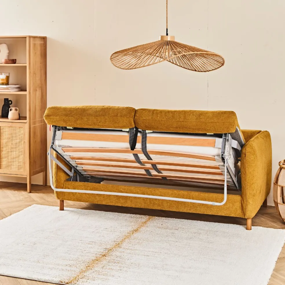 Canapé convertible 2 places Gustave - Tissu Texturé - Crown Moutarde