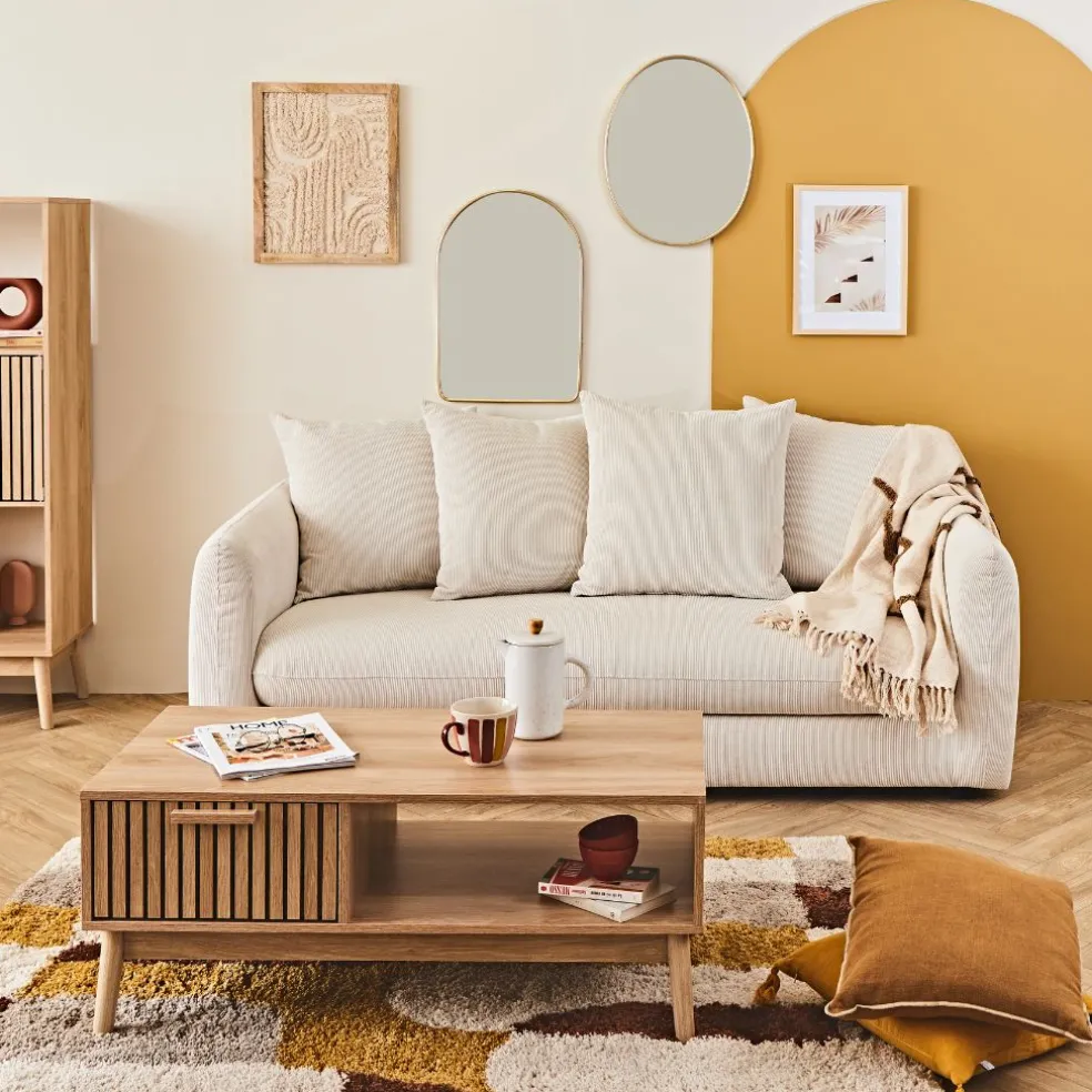 Canapé fixe 3 places Basile - Effet Velours Côtelé - Fjord Écru