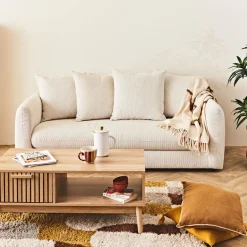 Canapé fixe 3 places Basile - Effet Velours Côtelé - Fjord Écru