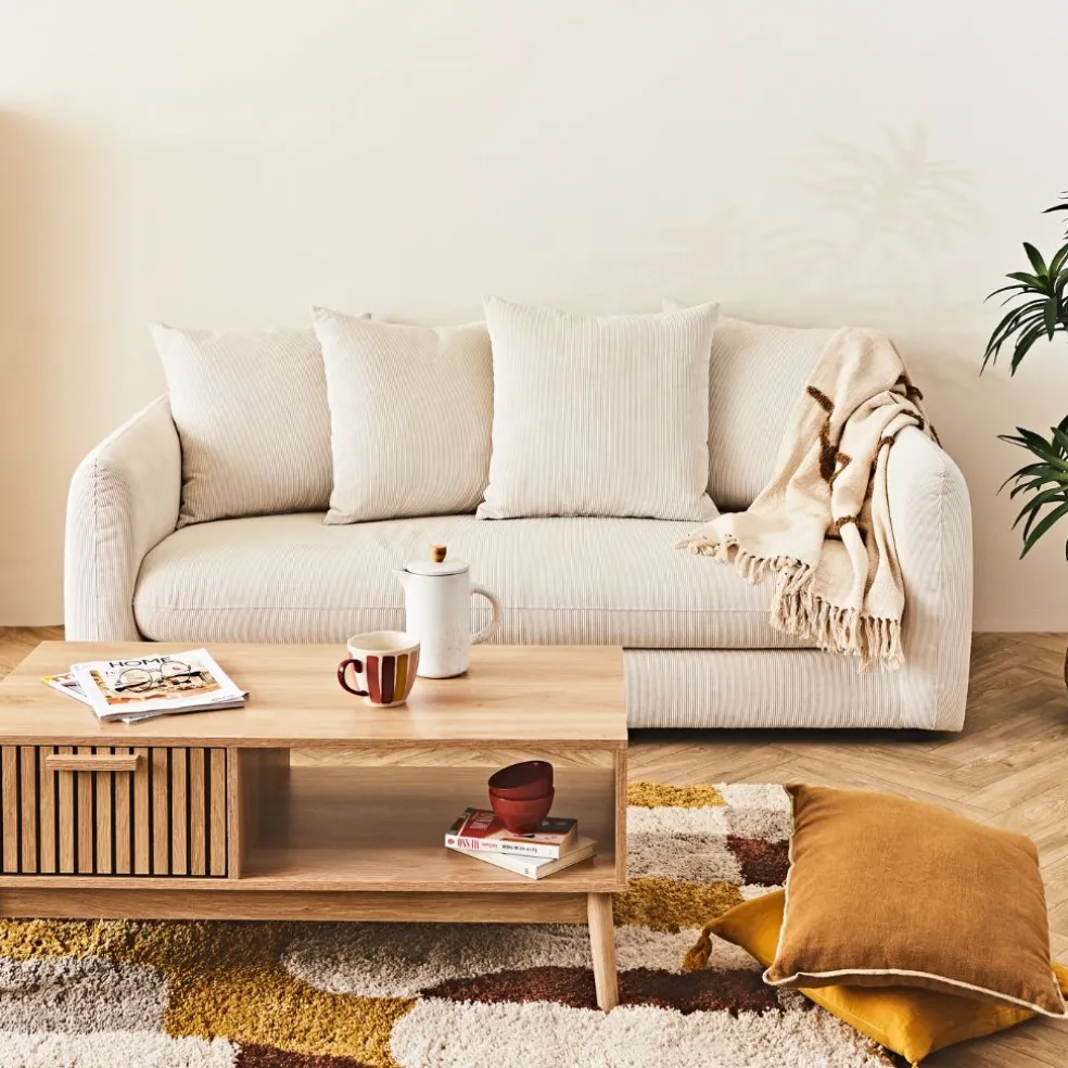 Canapé fixe 3 places Basile - Effet Velours Côtelé - Fjord Écru