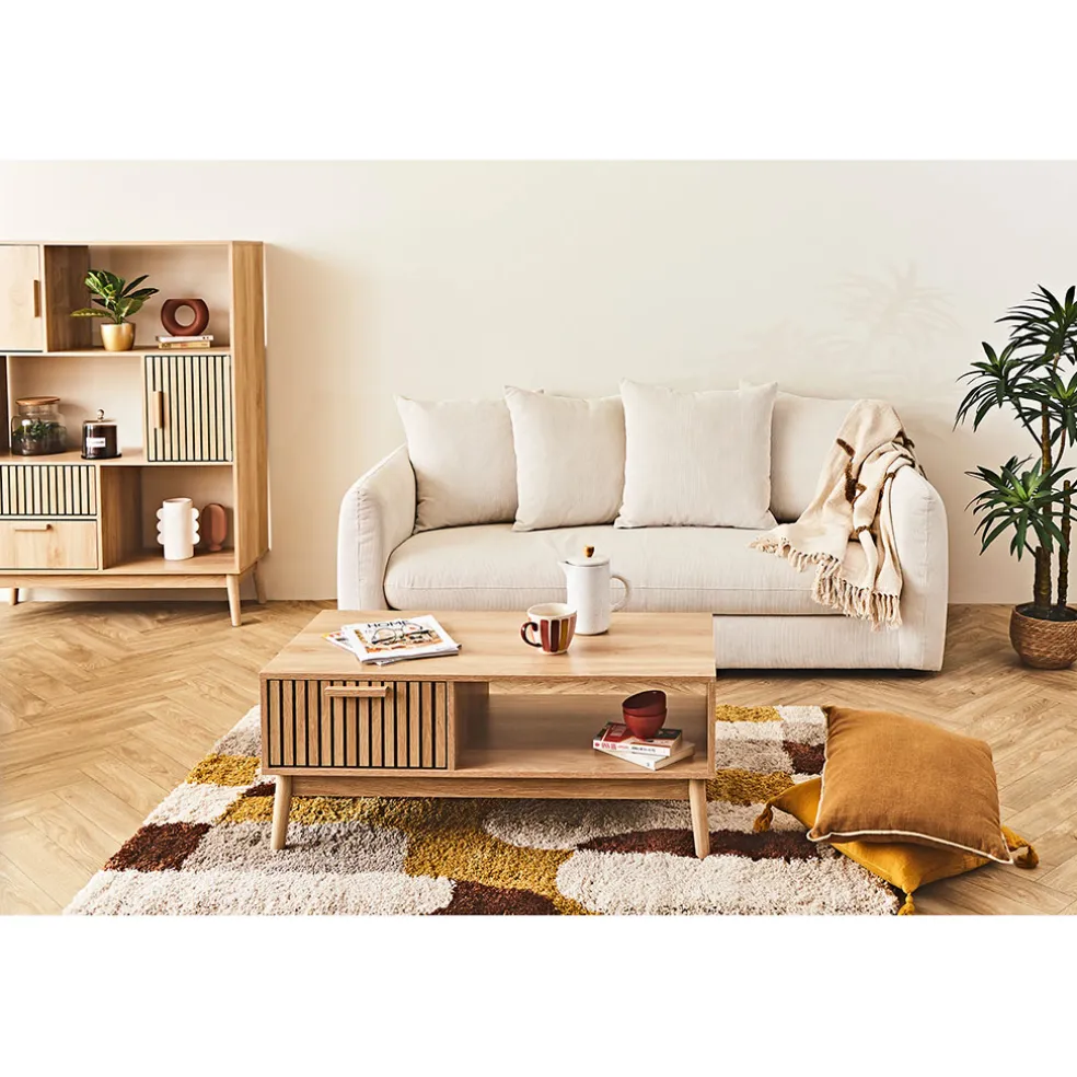 Canapé fixe 3 places Basile - Effet Velours Côtelé - Fjord Écru