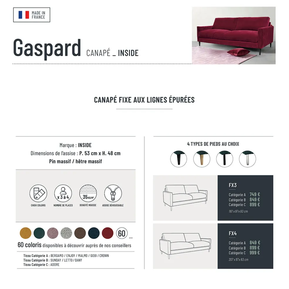 Canapé fixe 3 places Gaspard - Tissu Texturé - Crown Moutarde