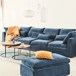 Canapé modulable 4 places bleu grisé avec pouf - Auguste