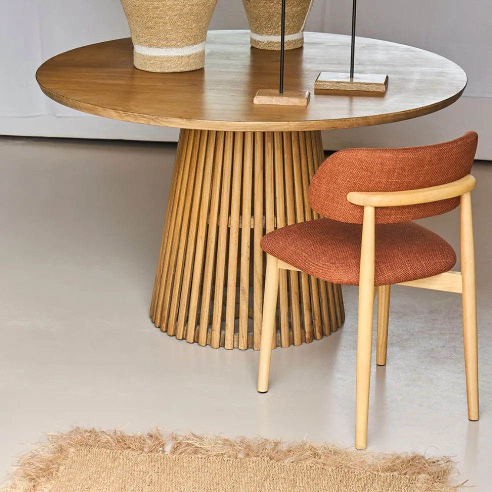Chaise de salle à manger en tissu brique et hévéa - Elsy