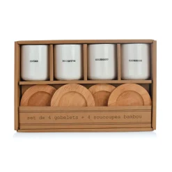 Coffret 4 tasses en faïence blanc avec soucoupes en bois 10cl