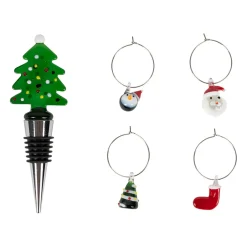 Coffret bouchon bouteille avec 4 marqueurs en verre et inox vert - Noel