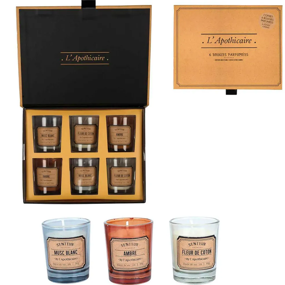 Coffret de 6 bougies parfumée musc blanc, fleur de coton et ambre 6h - Apothicaire