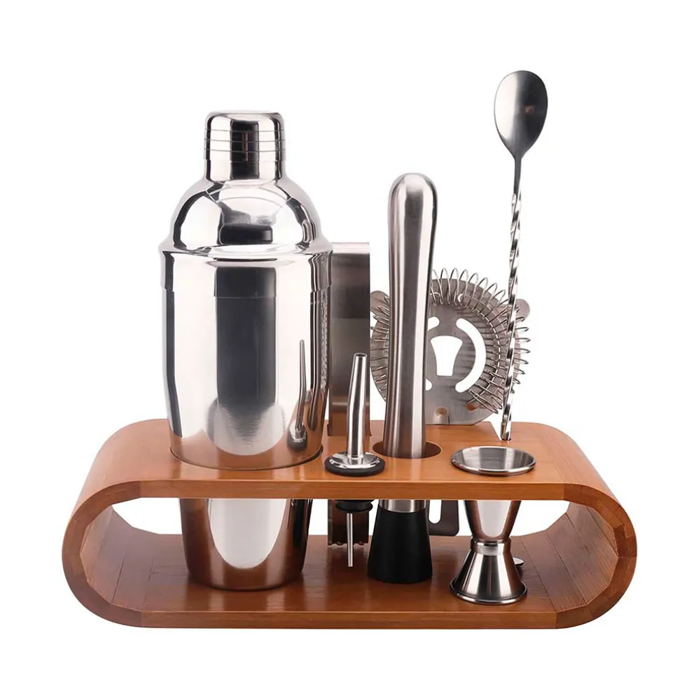 Coffret de cocktail en acier argenté et bambou