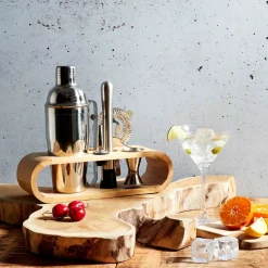 Coffret de cocktail en acier argenté et bambou