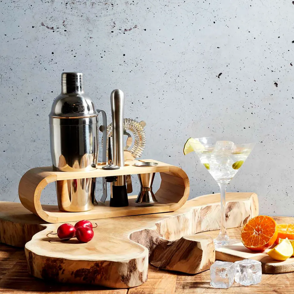 Coffret de cocktail en acier argenté et bambou